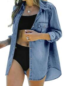 Womens Button Down Denim Shirt Long Sleeve Roll Up Casual Oversized Jean Shirt Jacket Distressed Tunic Tops - 淺藍色 - 查看 1