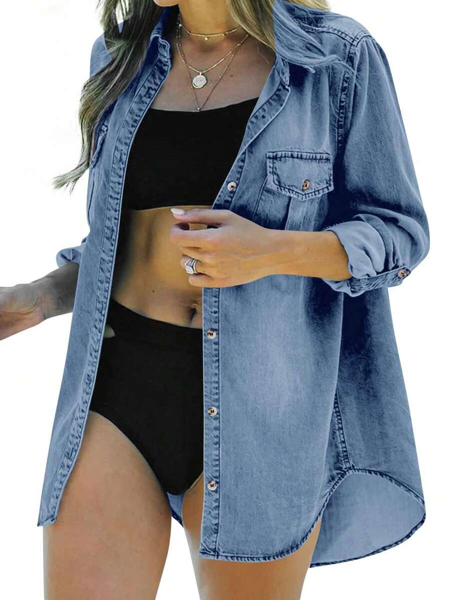 Womens Button Down Denim Shirt Long Sleeve Roll Up Casual Oversized Jean Shirt Jacket Distressed Tunic Tops - 淺藍色 - 查看 1
