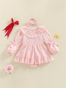 1M-18M Baby Girl Fall Outfits Decorative Bow Ruffled Trim Solid Color Long Sleeve Romper Dress And Bow Headband 2 Pcs Set - 粉色 - 查看 1