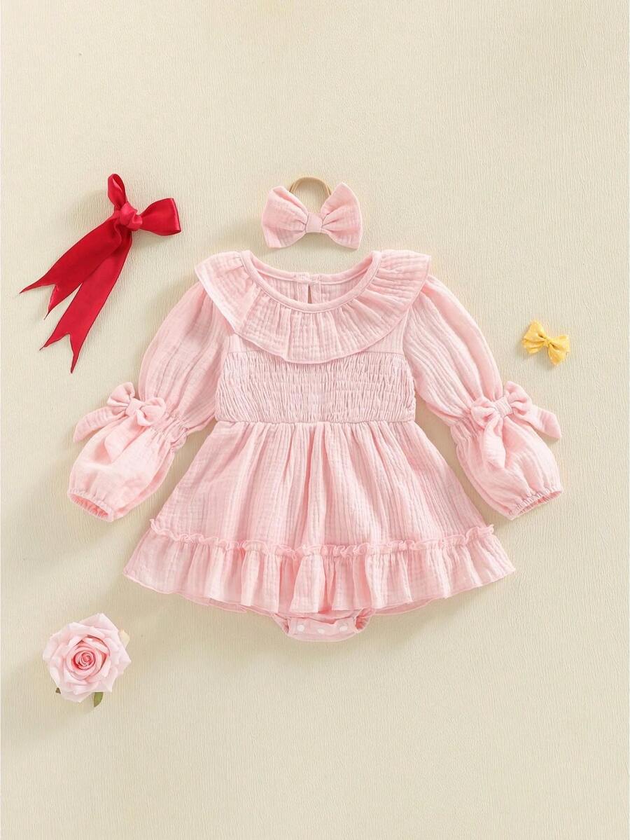1M-18M Baby Girl Fall Outfits Decorative Bow Ruffled Trim Solid Color Long Sleeve Romper Dress And Bow Headband 2 Pcs Set - 粉色 - 查看 1