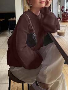 Suéter holgado de punto suelto PARA LA BELLEZA, adecuado para mujeres y niñas, nueva colección de primavera/verano de moda, elegante y suave jersey, versátil para uso diario, cómodo y casual, suéter oversize suave y acogedor, diseño de manga acampanada de unicolor minimalista, blusa delicada - Café con té oscuro - Ver 3