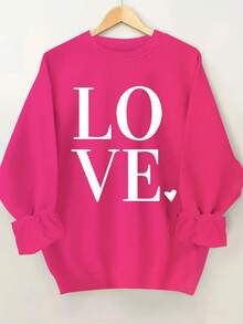 2026 New Year Cotton Sweatshirt Plus Size Love Print Sweatshirt, Casual Long Sleeve Round Neck Pullover Sweatshirt, Women's Plus Size Clothing Loose And Comfortable Winter Clothes For Women - 玫紅色 - 查看 12