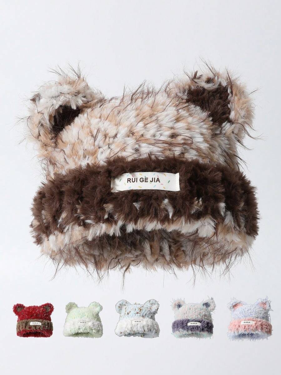 1pc Women's Cute Multicolor Fluffy Bear Knit Beanie Hat, Thick Warm Ear Protection Knitted Cap, Fashion Versatile, Autumn/Winter - Knitted Hat - View 1