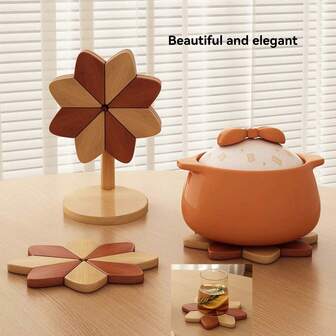 스탠드가 있는 나무 단열 볼 매트, 삼발이, 꽃 코스터 세트. 창의적인 풍차 모양의 단열 냄비 받침, 내열성 및 고품질 코스터 및 식탁 용 냄비 받침.