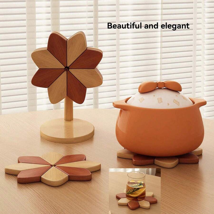 Wooden Heat-Insulating Bowl Mat, Trivets, And Flower Coaster Set With Stand. Creative Windmill-Shaped Heat-Insulating Potholders, Heat-Resistant And High-Quality Coasters And Potholders For Your Dining Table. - Multicolor - View 1