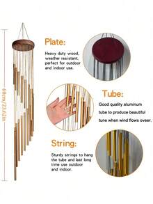23in Outdoor Wind Chime, Rotating Wind Chime With 12 Aluminum Alloy Tubes And Hooks, Music Wind Chime, Outdoor Garden Decoration Wind Chime Pendant, Birthday Party Decoration, Home Decoration Pendant, Porch Decoration Wind Chime, Holiday Party Decoration, Bedroom Decoration, Shopping Mall Window Decoration Wind Chime Pendant, Commemorative Gift For Family And Friends - Multicolor - View 4