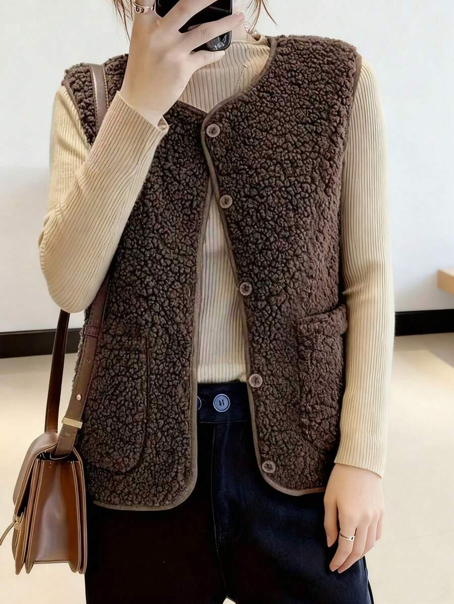 秋冬仿羊毛背心，复古风格女式无袖夹克，毛皮衬里绒面革马甲 - 咖啡棕 - 查看 1