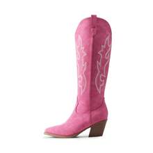 Western Vintage Cowgirl  Tall Boots For Women, Pointed Toe Chunky Block Heel Suede Knee High Cowboy Boots With Embroidered - Hồng - Xem 7