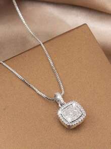 1pc Light Luxury Style Square Cubic Zirconia Pendant Necklace, Fashionable And Simple Jewelry For Women's Daily Wear - Bạc - Xem 5