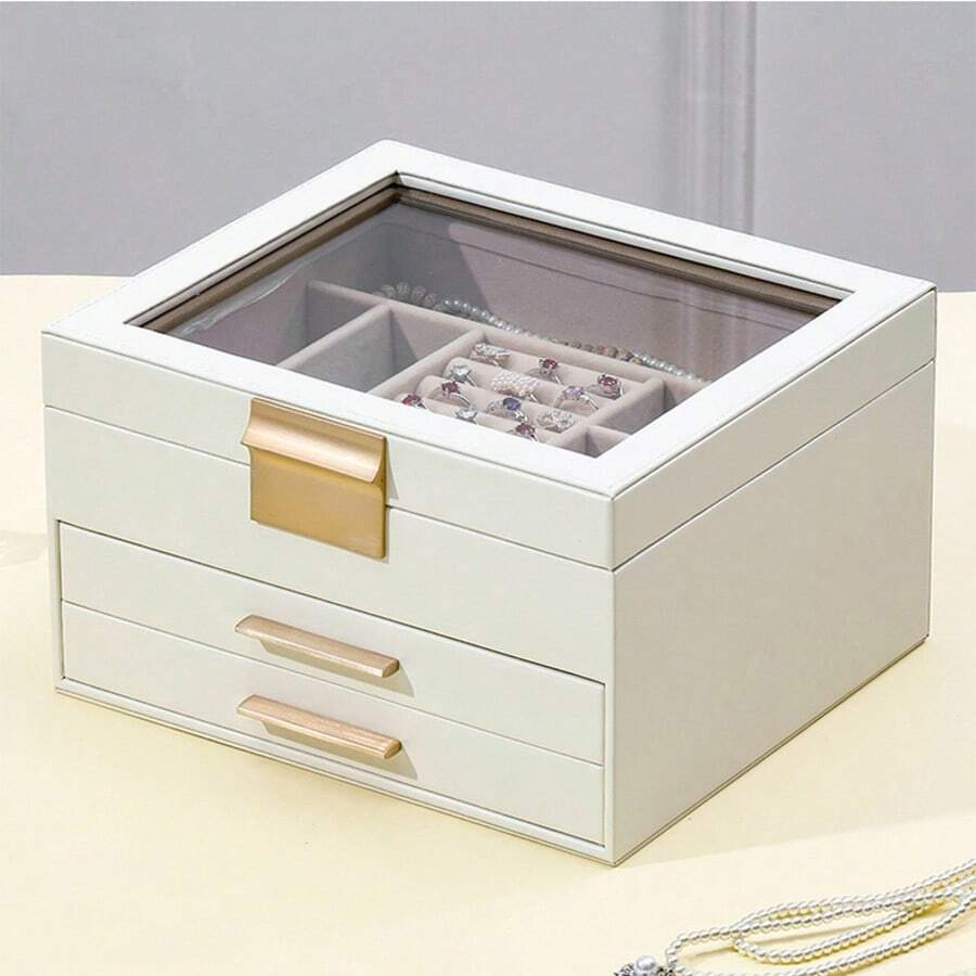 SONGMICS Jewelry Box With Glass Lid, 3-Layer Jewelry Organizer, 2 Drawers, For Big And Small Jewelry, Jewelry Storage, Modern Style, 8 X 9.1 X 5.3 Inches, Cloud White And Gold Color UJBC239WT - Multicolor - View 1