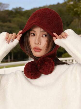 1 Set Women Wool Pom Pom Cute & Sweet Hat And Scarf Combo, Warm & Vintage Style Suitable For Commuting And Casual Wear, Autumn/Winter Cold Weather Outfit Women