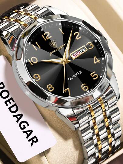 POEDAGAR 1 pieza Reloj de pulsera de cuarzo de acero inoxidable casual para hombres, resistente al agua, luminoso, con doble visualización de fecha, reloj de moda para hombre, adecuado para uso diario, regalo del Día de San Valentín