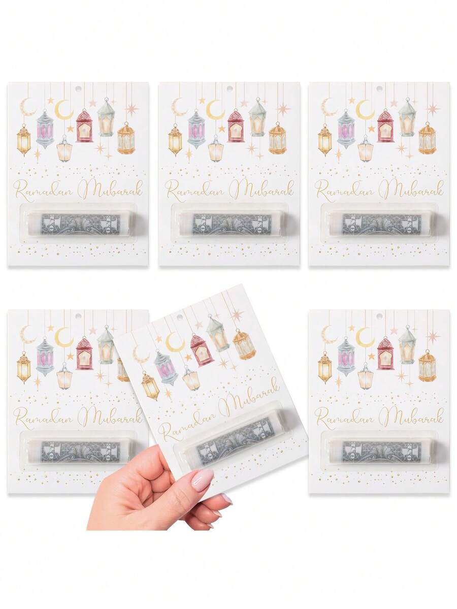 6入裝 Ramadan Mubarak 現金卡，新月與燈籠設計，齋月節裝飾，齋月禮物，附現金插槽的節日卡夾，開齋節裝飾，現金卡，齋月居家裝飾，開齋節裝飾，居家裝飾，桌面裝飾，齋月裝飾，適合開齋節與宰牲節慶祝，齋月派對用品，節日派對禮物