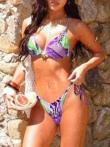 2pcs/Set Summer Vacation Random Leopard & Floral Print Metal Starfish Decor Camisole + High Waist Swimsuit, Beach Holiday - Green and Purple Leopard Print - View 3