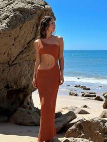 Sexy One Shoulder Crochet Bodycon Long Dress Knitted Wrap Cut Out Summer 2025 Vacation Beachwear Cover Up Slim Dresses - Burnt Orange - View 5
