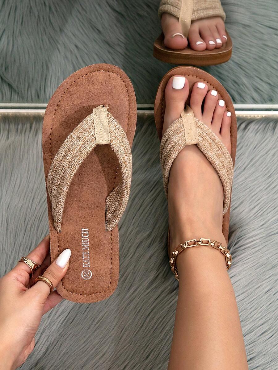 Kate Miuch Women's Casual Retro Elegant Artistic Beige Flat Thong Sandals, Bohemian Style Comfortable Lightweight Breathable Khaki Flat Slide Sandals For Women, Suitable For Campus Strolling, Park Picnics, Beach Dates - Camel - View 1
