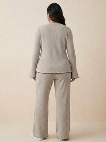 两件套加大码女士家居服套装，罗纹开衫上衣搭配阔腿裤 - 淺灰色 - 查看 5