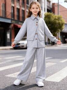 秋季女童休闲条纹衬衫、灰色夹克三件套 - 灰色 - 查看 3