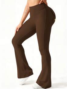 6pecil Women's Outdoor Flared Pants With Pockets, Women's Tight Fit Sports Leggings Butt Lifting Yoga Pants, Chocolate Brown