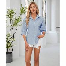 - Camisas de vestir con botones para mujer, manga 3/4, sin arrugas, casual, cuello de oficina, trabajo - M + Azul - Ver 3