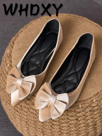 WHDXY Women's Flat Shoes, Bow Decor, Minimalist Design, Comfortable, New Arrival For Autumn, Khaki Color, Suitable For Daily Outings, Dates And Leisure