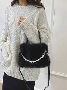 Yogodlns 轻便、便携、蓬松、柔软、毛绒休闲时尚Y2K毛绒便携包，时尚独特原创单肩包，女士休闲简约百搭手提包，适合女孩、女士、大学生、职场新人及白领，秋冬季必备，适用于工作、办公、通勤等场合。 - 黑色 - 查看 4