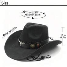 Women Men Western Cowgirl Hats Fashionable Bull Head Wide Brim Fedora Caps With Wind Lanyard - Khaki - View 2