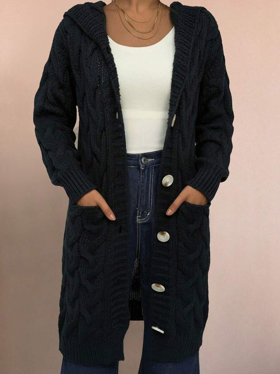 New Fashion Women's Hooded Twisted Knitted Mid-Long Solid Color Button Hooded Cardigan - Black - View 1