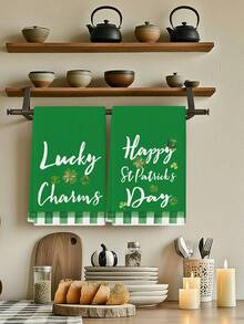 2 Pcs St. Patrick's Day Kitchen Towels Clover Bathroom Towels Watercolor Heart Green Polka Dot Checkered Tea Towels Home Kitchen Holiday Decorations - Green - View 1