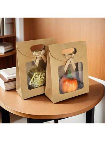 1/10/20pcs Simple & Fashionable Bowknot Transparent Packaging Bags, Gift Bags With Window Display, Bowknot Decor, Floral Packaging Bags, Flip-Cover Gift Bags, Adhesive Clear Window, Small Brown/White Gift Bags, Birthday Handled Paper Bags, Suitable For Home Storage, Holiday Gifts, Office, Wedding Favors, Gifts For Friends, Family, Teachers, Bosses