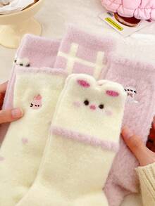 1双/2双/4双装加厚保暖睡眠袜，可爱提花图案，柔软舒适，中筒袜，女士款，适合居家穿着，秋冬季