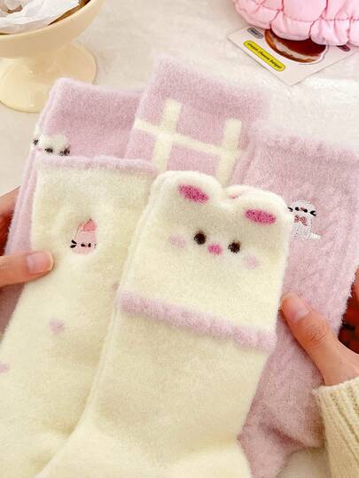 1双/2双/4双装加厚保暖睡眠袜，可爱提花图案，柔软舒适，中筒袜，女士款，适合居家穿着，秋冬季