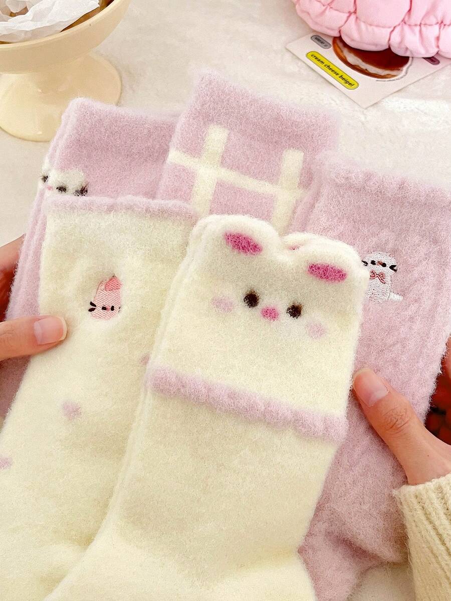 1双/2双/4双装加厚保暖睡眠袜，可爱提花图案，柔软舒适，中筒袜，女士款，适合居家穿着，秋冬季