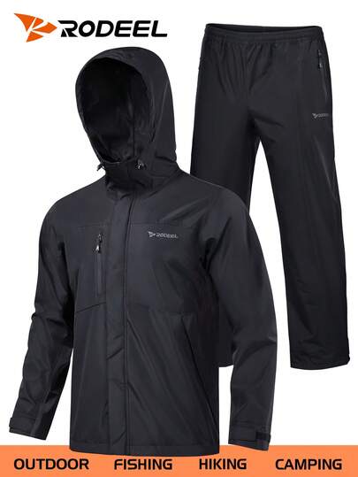 RODEEL Men's Hooded Jacket And Pants Rainsuit, Breathable Windproof Lightweight, Suitable For Hiking, Cycling, Fishing And Outdoor Activities