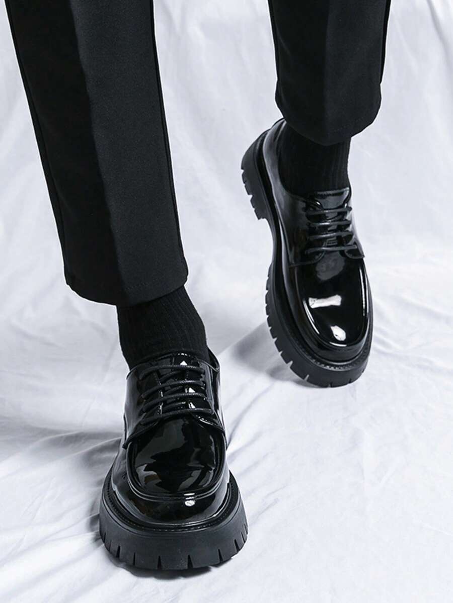 Men's Leather Lace Up Platform Oxfords Round Toe Chunky Heel Lug Sole Heightening Soft Bottom Derby Casual Shoes Classic Work Office Business Dress Shoes - 黑色 - 查看 1