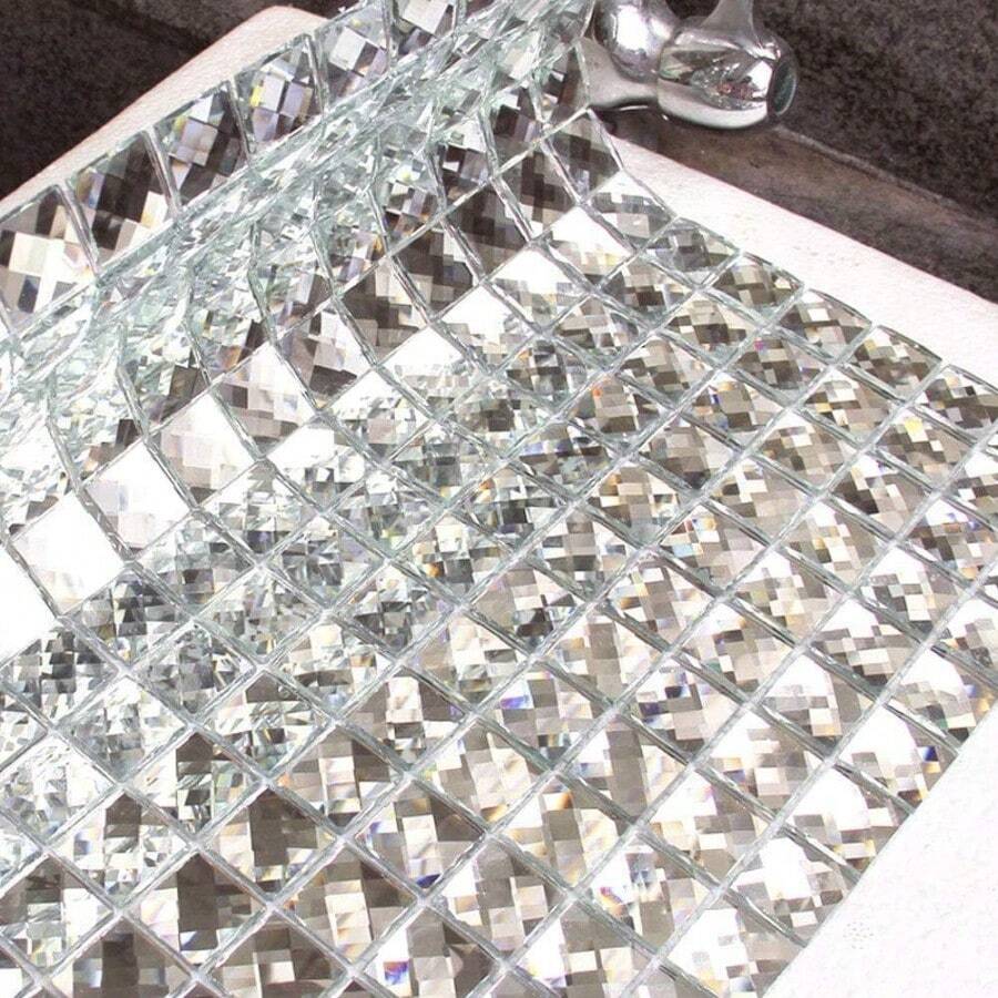 Peel And Stick Mirror Glass Mosaic Tile 3/4 Inch Sier Square Crystal Diamond Mirror Tile Backsplash For Kitchen Bathroom Wall Pack Of 5 Sheets - PeelandStick13面 - 查看 1