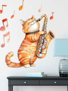 1 pieza Lindo adhesivo de pared de gato de dibujos animados naranja - Calcomanía autoadhesiva de PVC, adecuado para dormitorio, oficina o dormitorio - Diseño moderno y juguetón, decoración de dormitorio | Diseño de gato juguetón | Fácil de instalar, decoración de gato - Multicolor - Ver 8