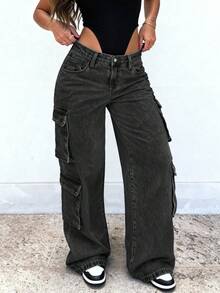 Plus Size Women's Y2K Streetwear Multi-Pocket Cargo Straight Leg Jeans - màu đen - Xem 5