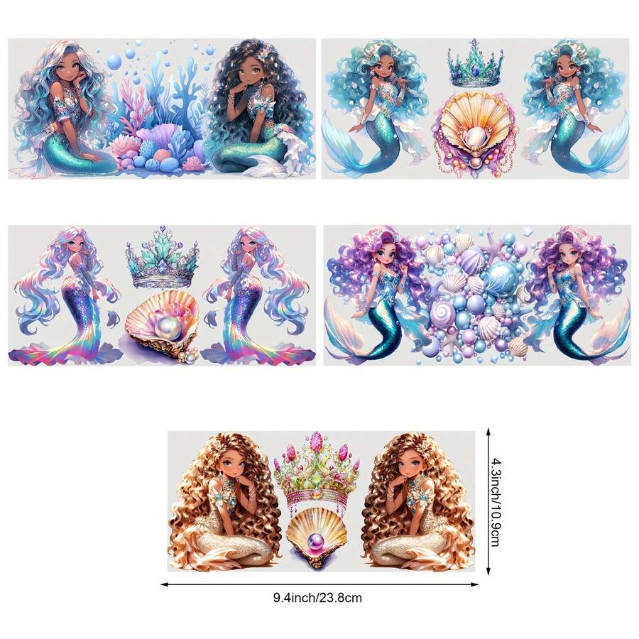 5-Piece Mermaid UV DTF Sticker - High Quality Self-Adhesive Glossy Sticker In Soft Bright Color (Blue, Pink, Purple, Turquoise), Large 9.4x4.3 Inch For 16oz Cups, Bottles, Home Decor - Ideal For Birthday Parties, Mermaid Themed Events - Perfect Gift For Mermaid Lovers, Party Decor, Vivid Tail Fin Pattern, Scratch Resistant Durable - Kiểu 2-5 tờ - Xem 1
