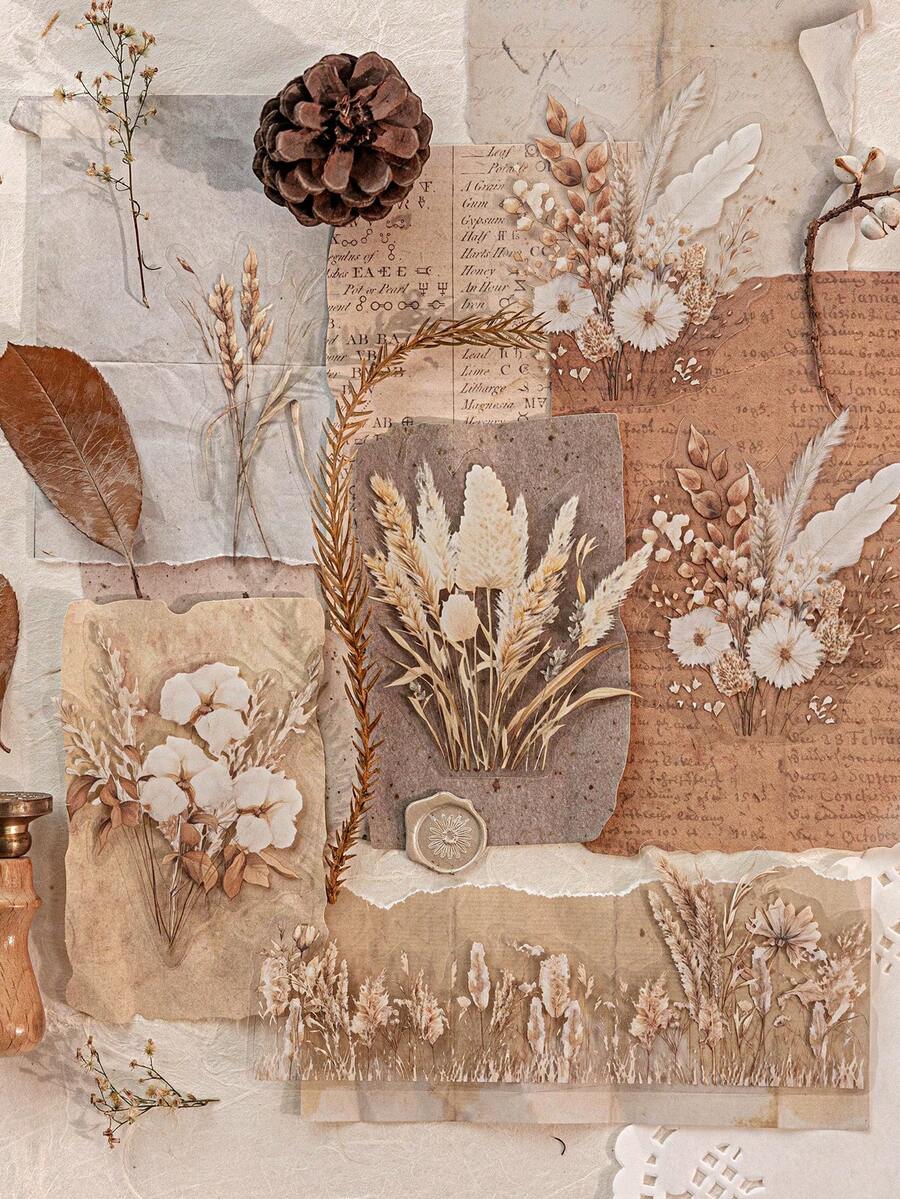 10pcs/Pack (5 Designs, 2 Of Each) Vintage Watercolor Style Dreamy Reeds Landscape Collage Stickers, PET Sticker Pack, Scrapbooking Supplies, Minimalist Floral Plant Decor, Planner DIY, Waterproof Stickers, Stationery Scrapbook Supplies - Multicolor - View 1