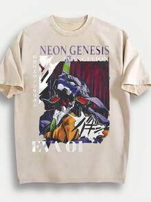 Washed T-Shirt Unisex | Retro Mecha Graphic | Anime Print Short Sleeve - Apricot - View 1