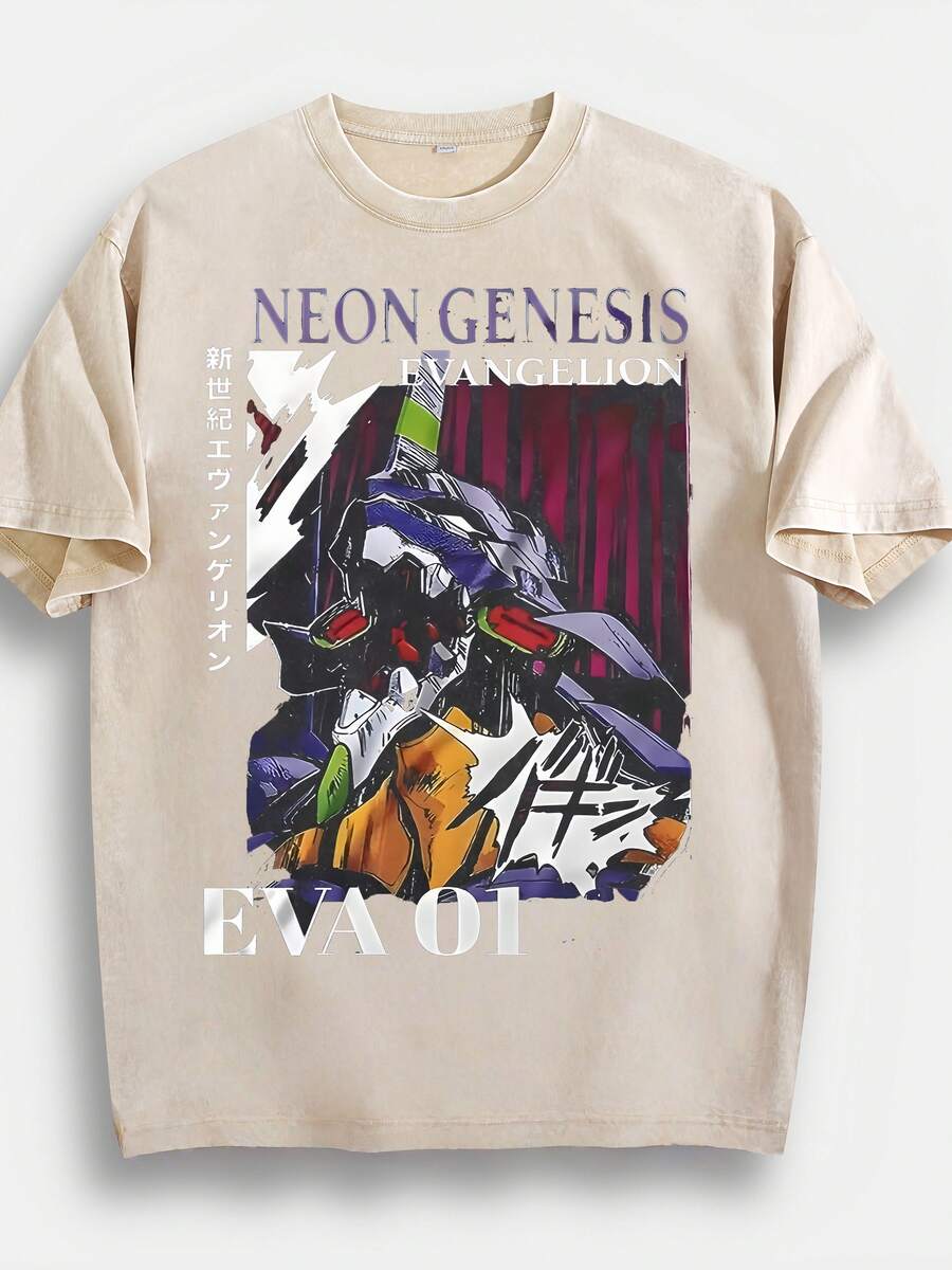 Washed T-Shirt Unisex | Retro Mecha Graphic | Anime Print Short Sleeve - Apricot - View 1