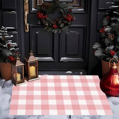 1pc Festive Pink And White Checkered Doormat,% Polyester Non-Slip Indoor/Outdoor Rug, Washable, Rectangle, Themed Entryway, Home Decor, Bedroom Accessory, Holiday Decoration