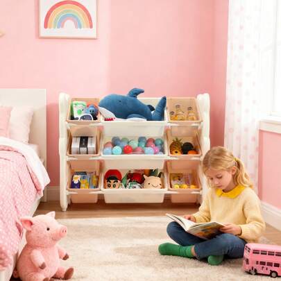 OYAJIA Children's Storage Shelf For Toys And Books, 5-9 Removable Boxes, For Children's Room, Playroom, Nursery, School, Bear Pattern, White