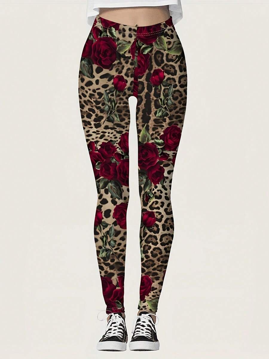 Women's Print Leggings - Premium Super Soft Stretchy Fabric, Bold Floral & Leopard Print Design, Machine Washable Casual Yoga Pants For Spring Summer Fall, High Waisted Leggings, Comfortable Leggings, Bold Print Leggings, Stretchy Fabric Leggings - style - 查看 1