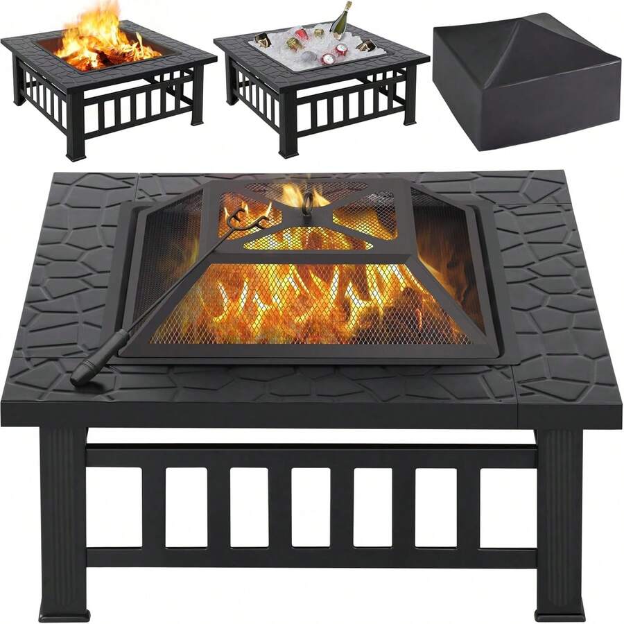 Multifunctional Fire Pit Table 32in Square Metal Firepit Stove Backyard Patio Garden Fireplace For Camping, Outdoor Heating, Bonfire And Picnic - Black - View 1