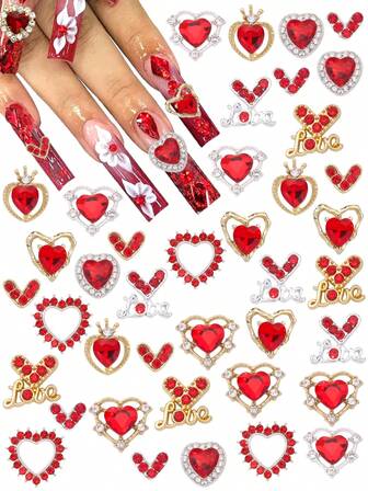 20件情人节美甲装饰品，3D合金美甲装饰，3D新款心形红色情人节水钻设计美甲DIY钻石美甲水钻美甲配件