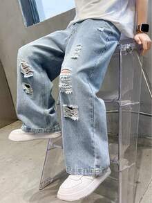Tween Boys Vintage Streetwear Ripped Relaxed Fit High Waist Straight Leg Jeans, Casual Loose Denim Pants For Teenagers & Big Kids