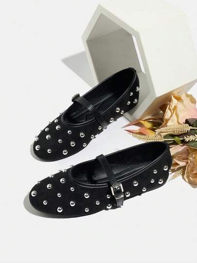 Women's New Rivet Decor Round Toe Ballet Shoes, Fashion Versatile Chic Strap Buckle Suede Soft Bottom Comfortable Mary Jane Shoes