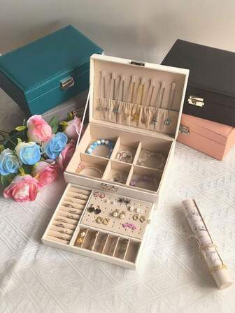 1pc Jewelry Box With Lock, Modern Dual Layer Jewelry Organizer - Large Capacity PU Leather Storage Box For Earrings, Necklaces Etc. - Removable Compartments, Lockable Ladies Travel Jewelry Box - Portable PU Leather Jewelry Box For Necklaces, Earrings, Rings, Bracelets, Small Jewelry Box, Suitable Gift For Teens, Girls, Moms And Daughters, Jewelry Box For Women And Girls, Leather Jewelry Box, Gift Idea For Valentine's Day, Christmas, New Year, Birthday
